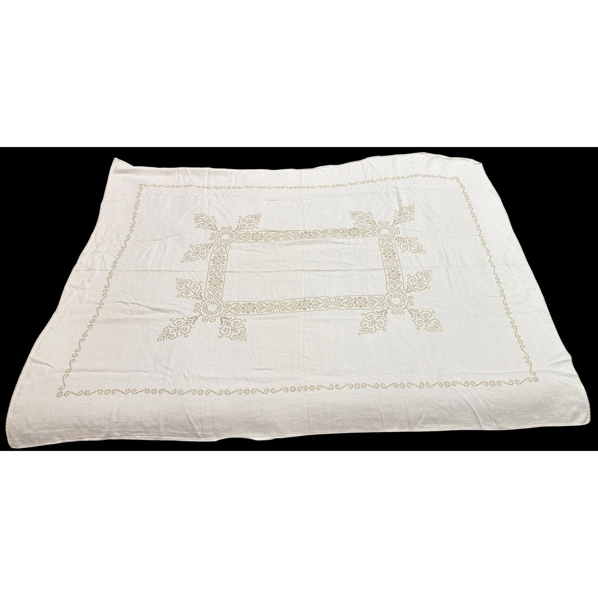 Vintage Hand Embroidered Linen Tablecloth Cross Stitch 54 x 72 Neutral – additional view 2