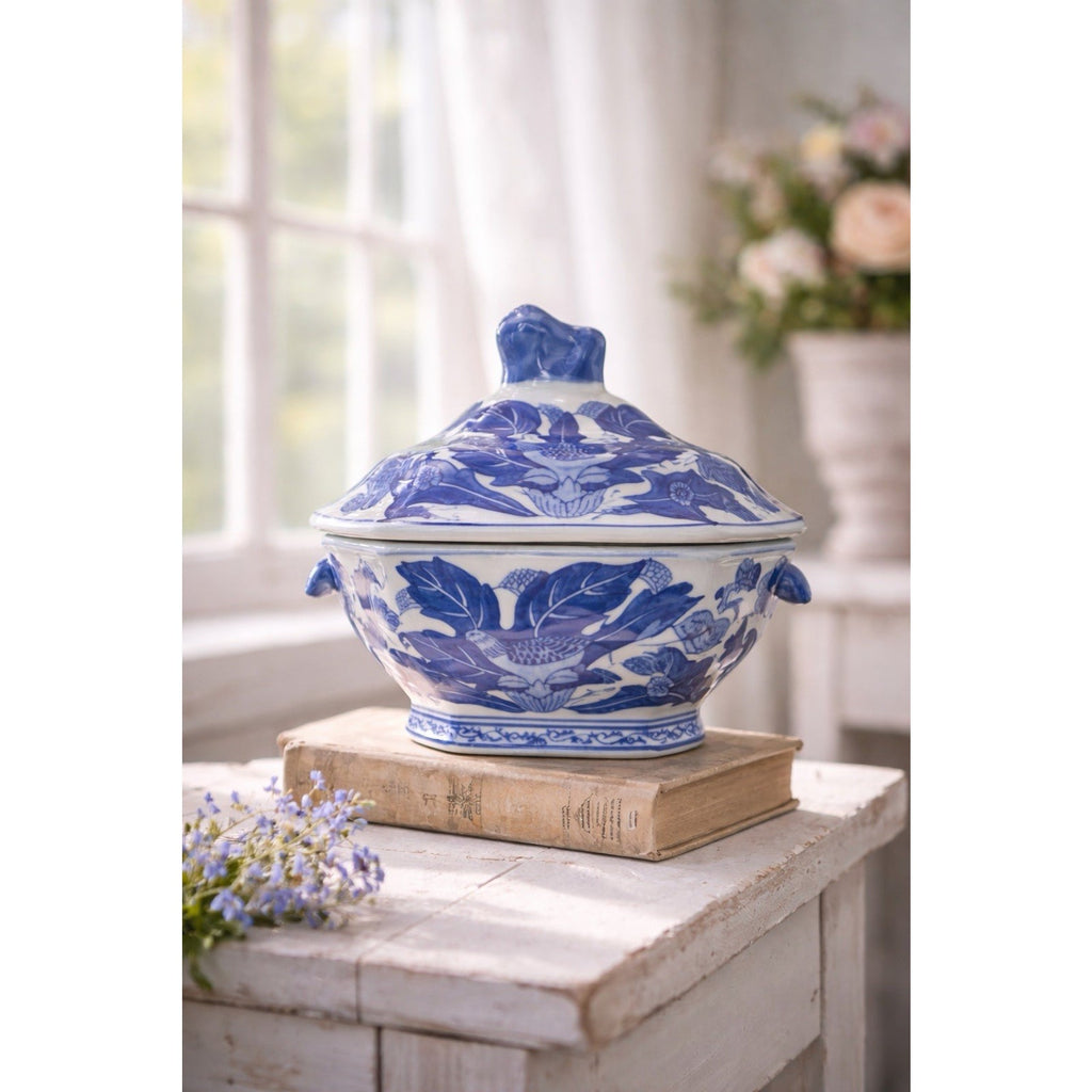 Vintage Blue White Porcelain Phoenix Bird Lidded Jar Octagonal 7 Inch