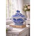 Vintage Blue White Porcelain Phoenix Bird Lidded Jar Octagonal 7 Inch
