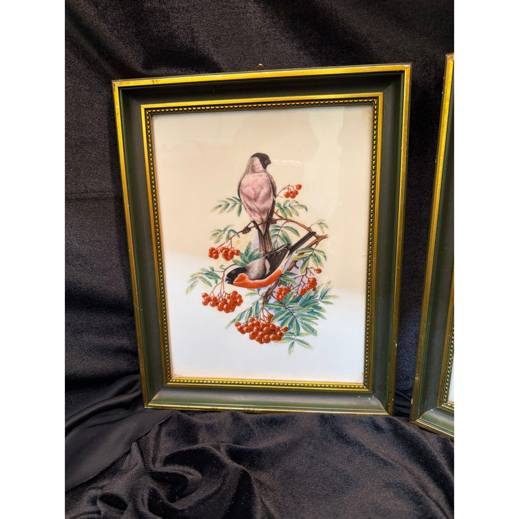 Vintage Heinrich Germany Framed Porcelain Bird Tile Wall Art Pair