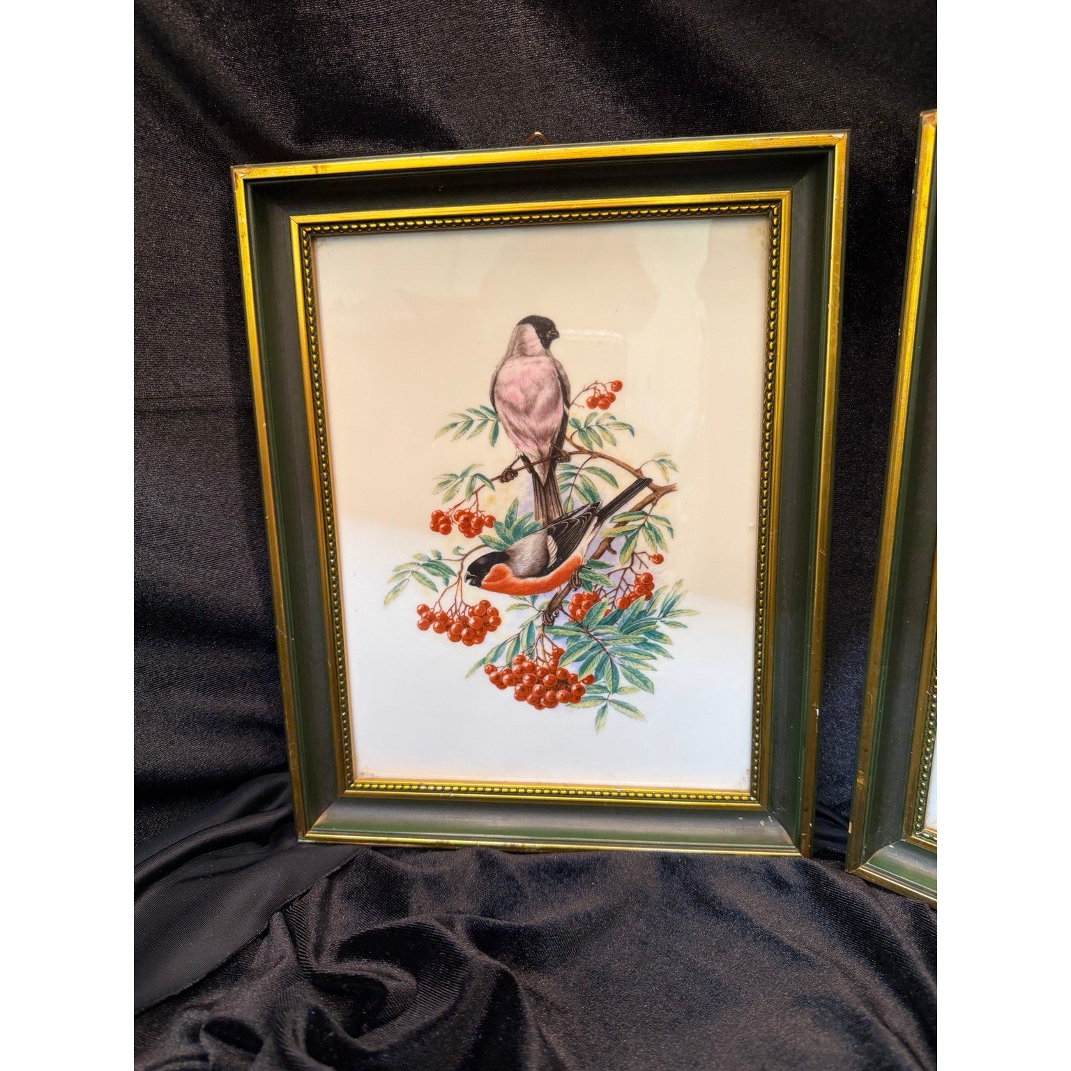 Vintage Heinrich Germany Framed Porcelain Bird Tile Wall Art Pair