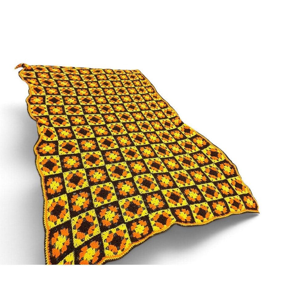 Vintage 1970s Granny Square Afghan Orange Brown Yellow Crochet 72 x 52