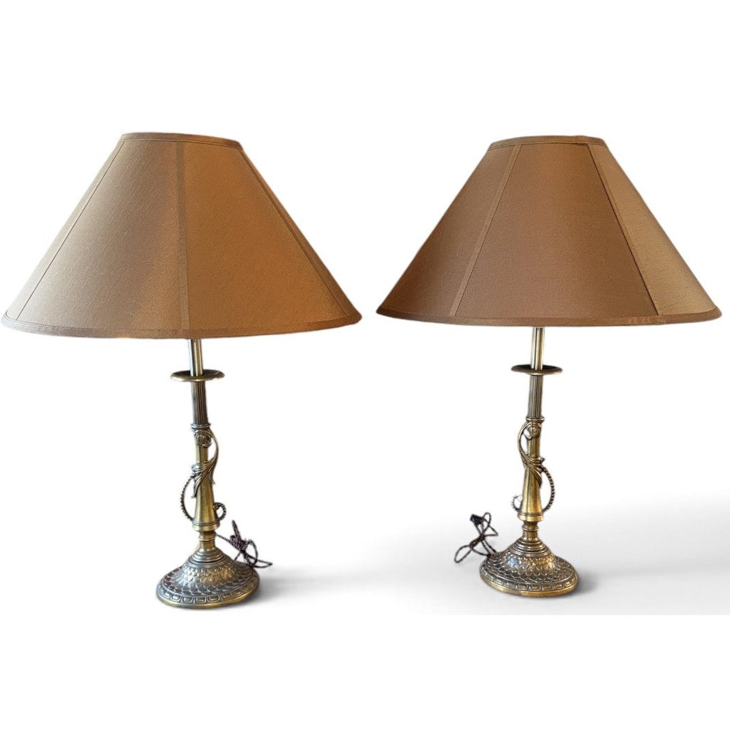 Pair of Vintage Ornate Metal Table Lamps Bronze Brass Patina Silk Shades 30"