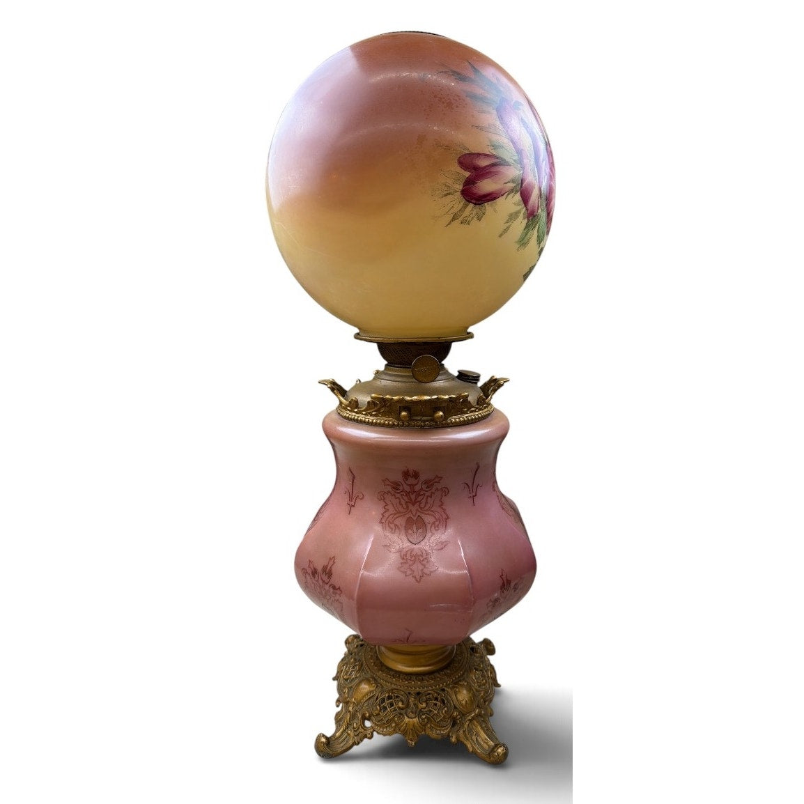 Antique Banquet Oil Lamp Pink Satin Glass Success Burner Floral Globe