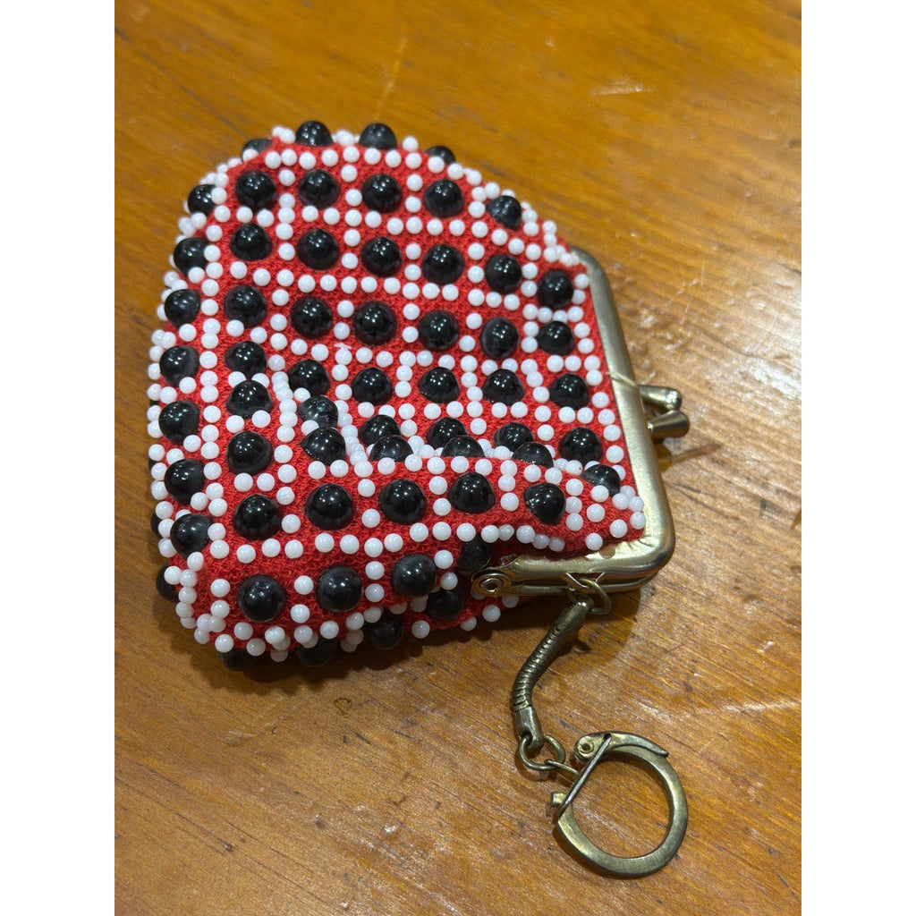 Vintage Beaded Coin Purse Keychain Red Black White Retro Kiss Lock Mini Pouch