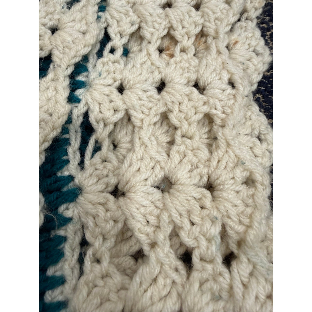Handmade Crochet Afghan Blanket Peacock Blue Ivory Lace Trim 58 x 46