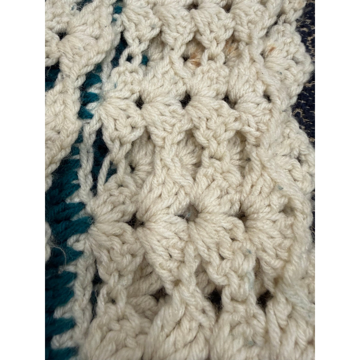 Handmade Crochet Afghan Blanket Peacock Blue Ivory Lace Trim 58 x 46