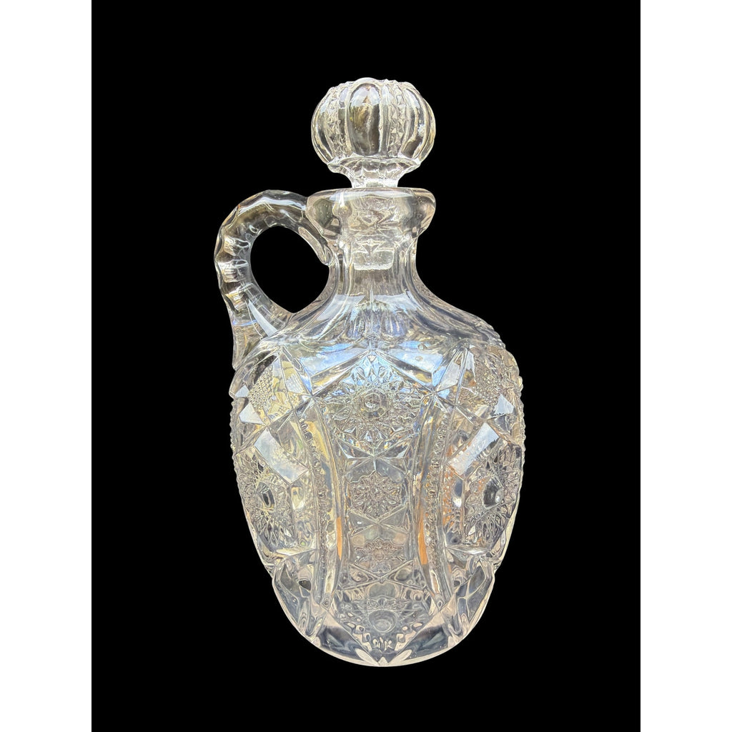 Antique Pressed Glass Handled Decanter with Original Stopper Starburst Pattern