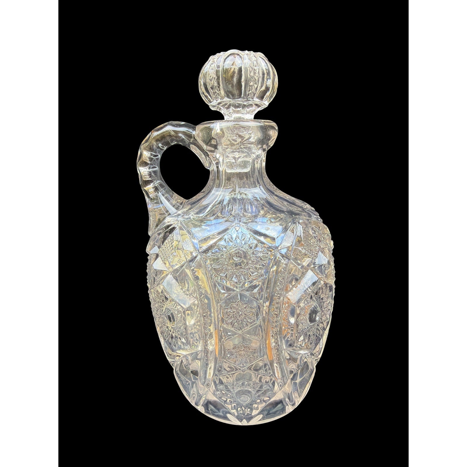 Antique Pressed Glass Handled Decanter with Original Stopper Starburst Pattern