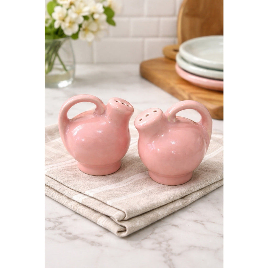 Vintage Pink Mid Century Jug Salt Pepper Shakers Ceramic 3” Set