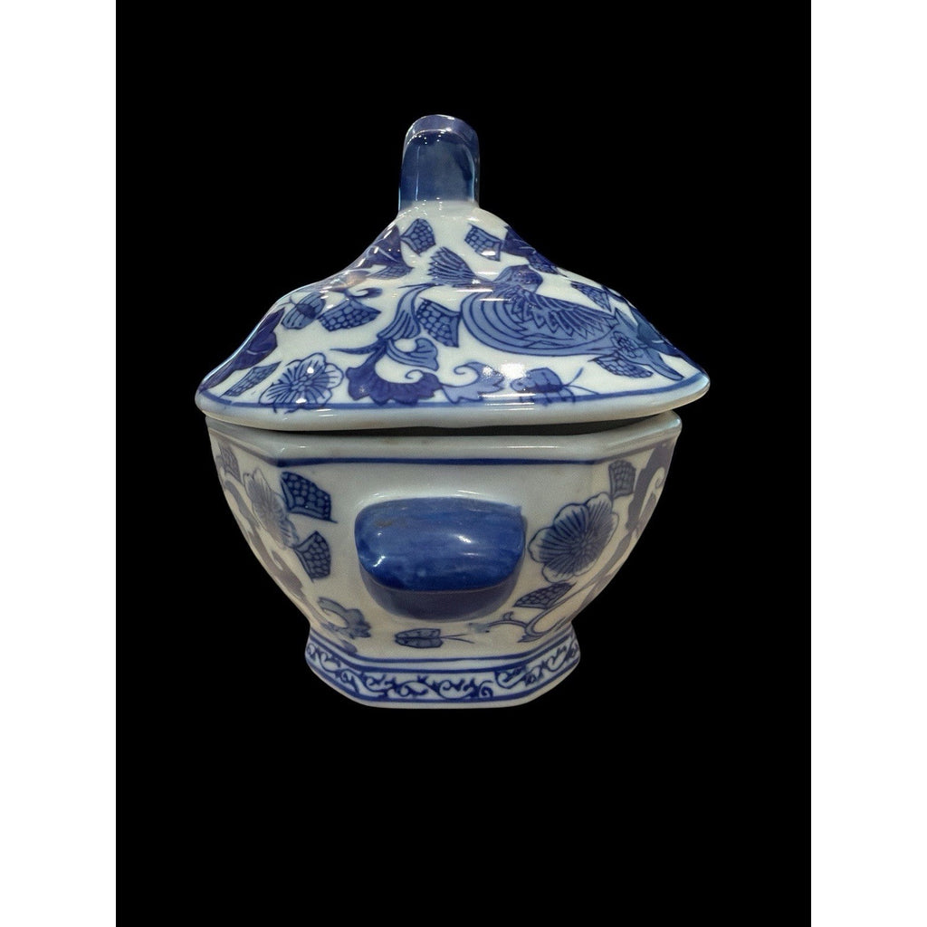 Vintage Blue White Porcelain Phoenix Bird Lidded Jar Octagonal 7 Inch