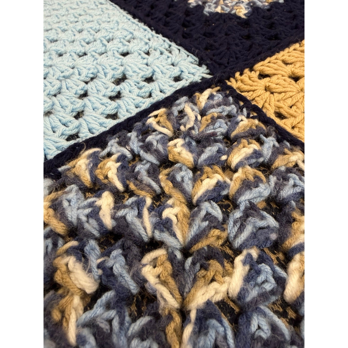 Handmade Crochet Patchwork Afghan Blanket Navy Blue Tan 45 x 45