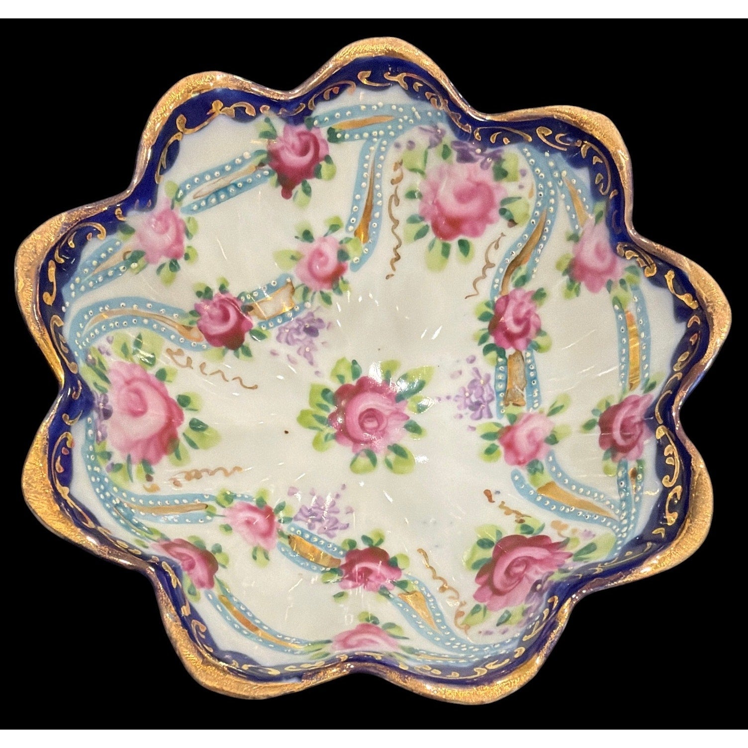 Vintage Hand Painted Japanese Footed Porcelain Bowl, Cobalt Blue & Gold Floral