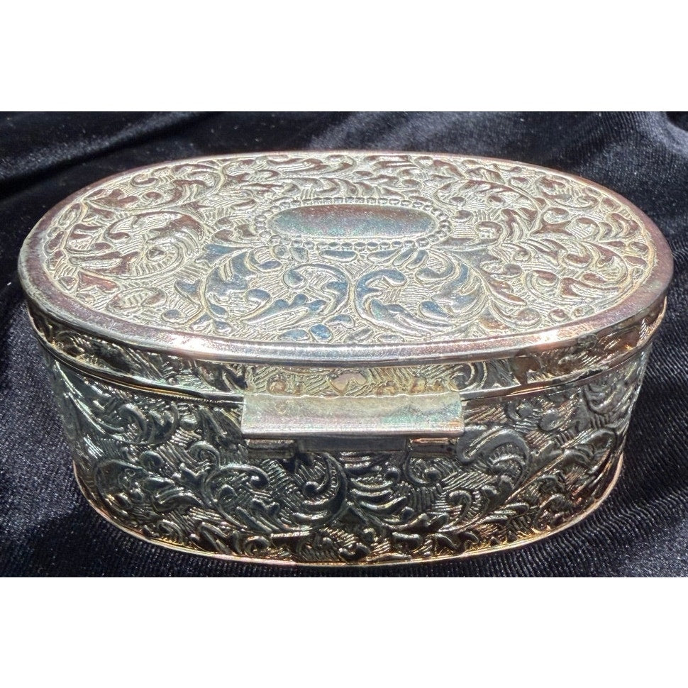 Vintage Silver Tone Jewelry Casket Red Satin Lined Oval Trinket Keepsake Box