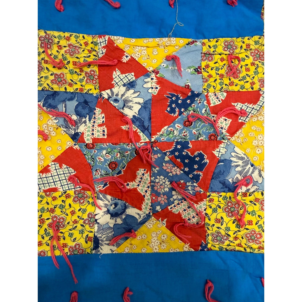 Vintage Hand Pieced Quilt Handmade Tied Quilt Depression Era Feed Sack Fabric