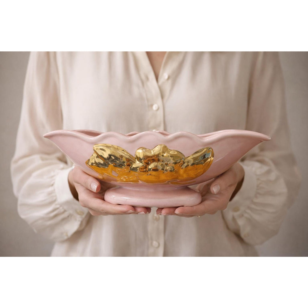 Vintage Pink Gold Bowl Planter Mid Century Modern Centerpiece Hollywood Regency