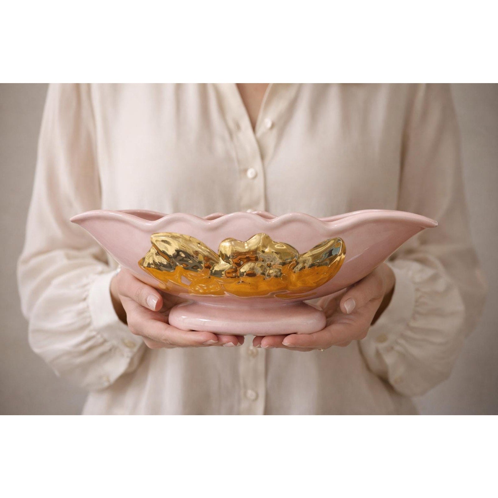 Vintage Pink Gold Bowl Planter Mid Century Modern Centerpiece Hollywood Regency