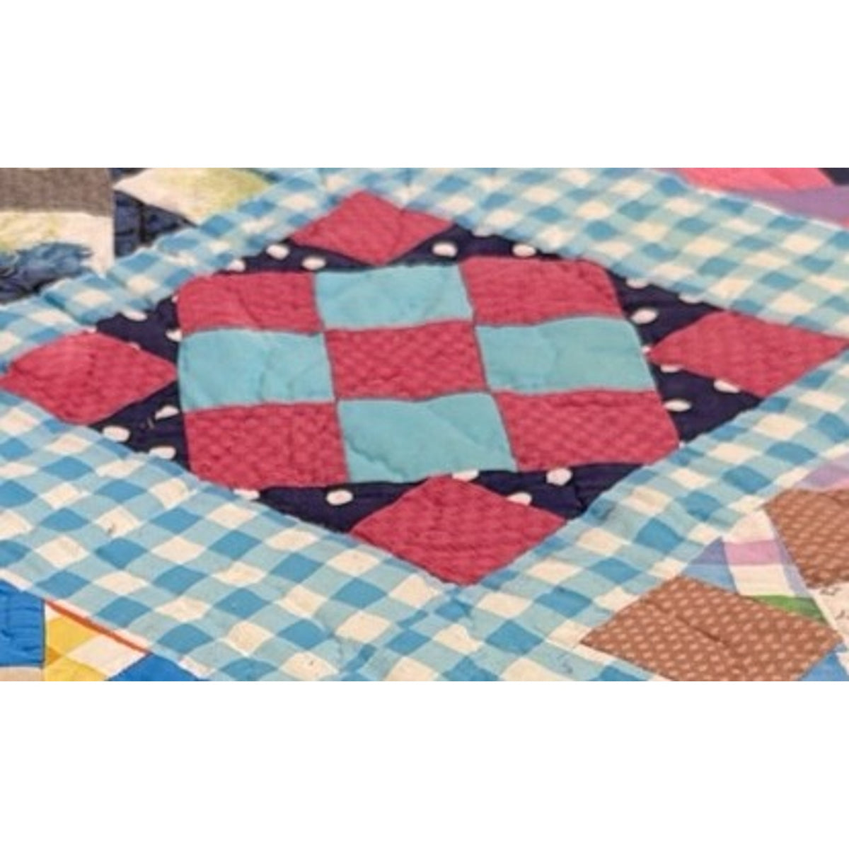 Vintage Hand Quilted 20-Piece Nine Patch Quilt Blue Gingham 66 x 77 – additional view 6