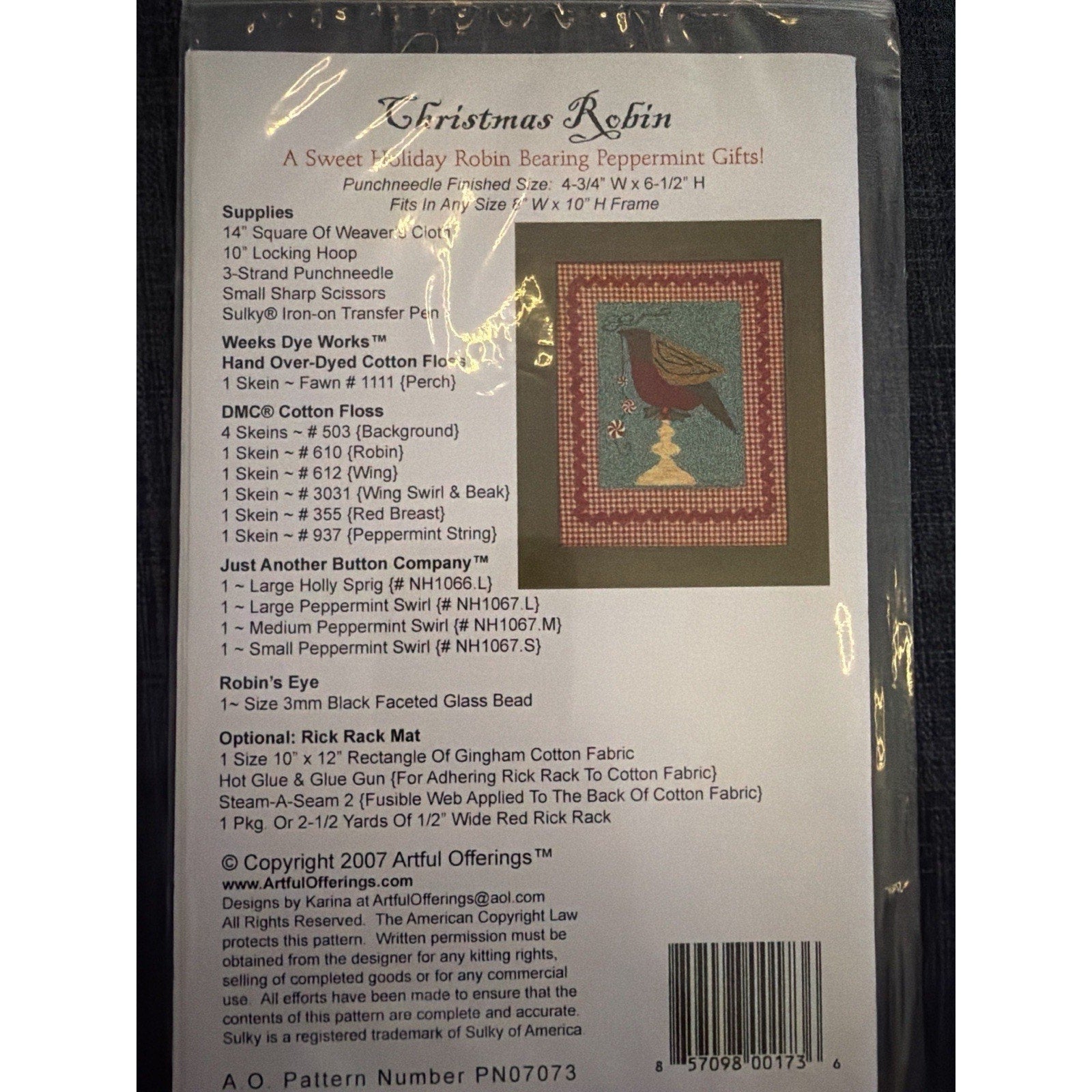 Artful Offerings Christmas Robin Punch Needle Pattern PN07073