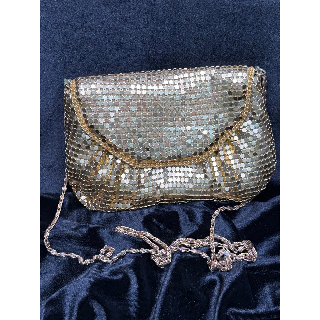 Vintage Gold Mesh Evening Bag Long Chain Purse Disco Cocktail Clutch