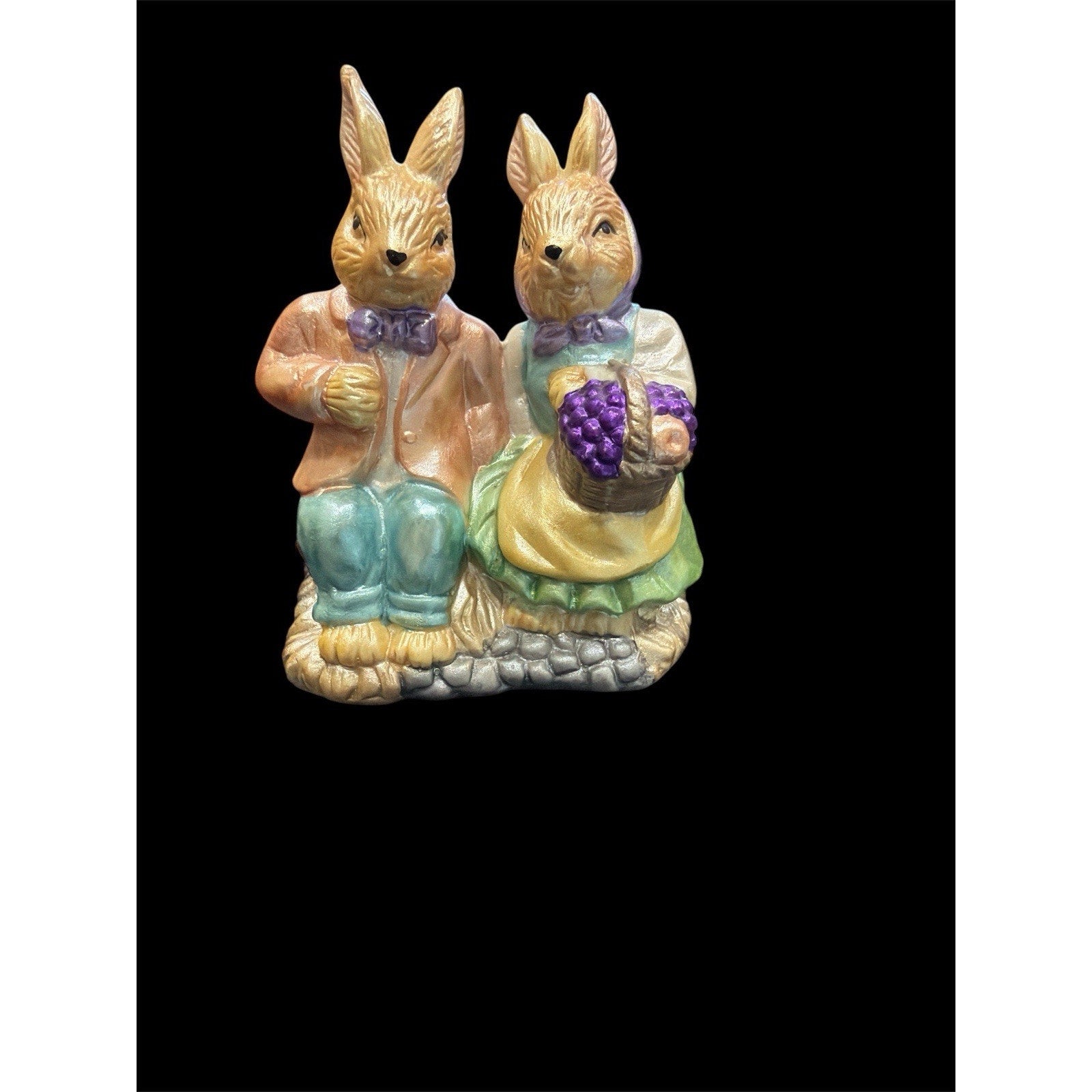 Vintage Ceramic Easter Bunny Couple Figurine, Rabbit Pair with Basket