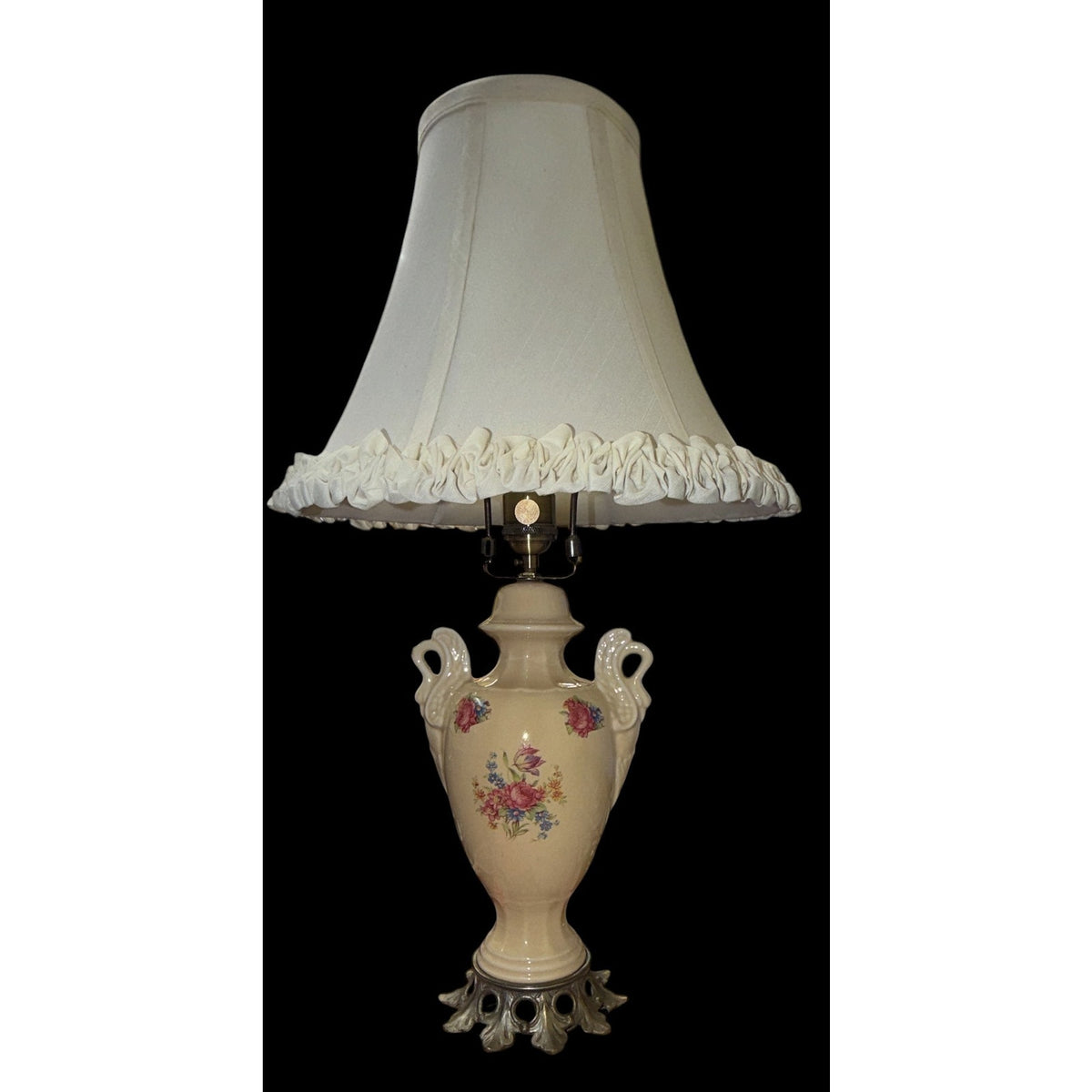Vintage Floral Swan Handle Boudoir Lamp Cream Ceramic Urn Ruffled Shade