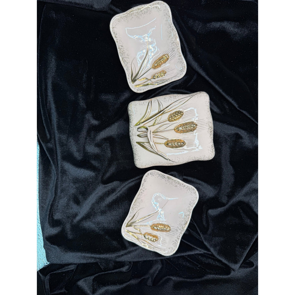 Vintage Lefton Pink Wheat Vanity Set 3 Piece Trinket Box Dresser Tray 1956