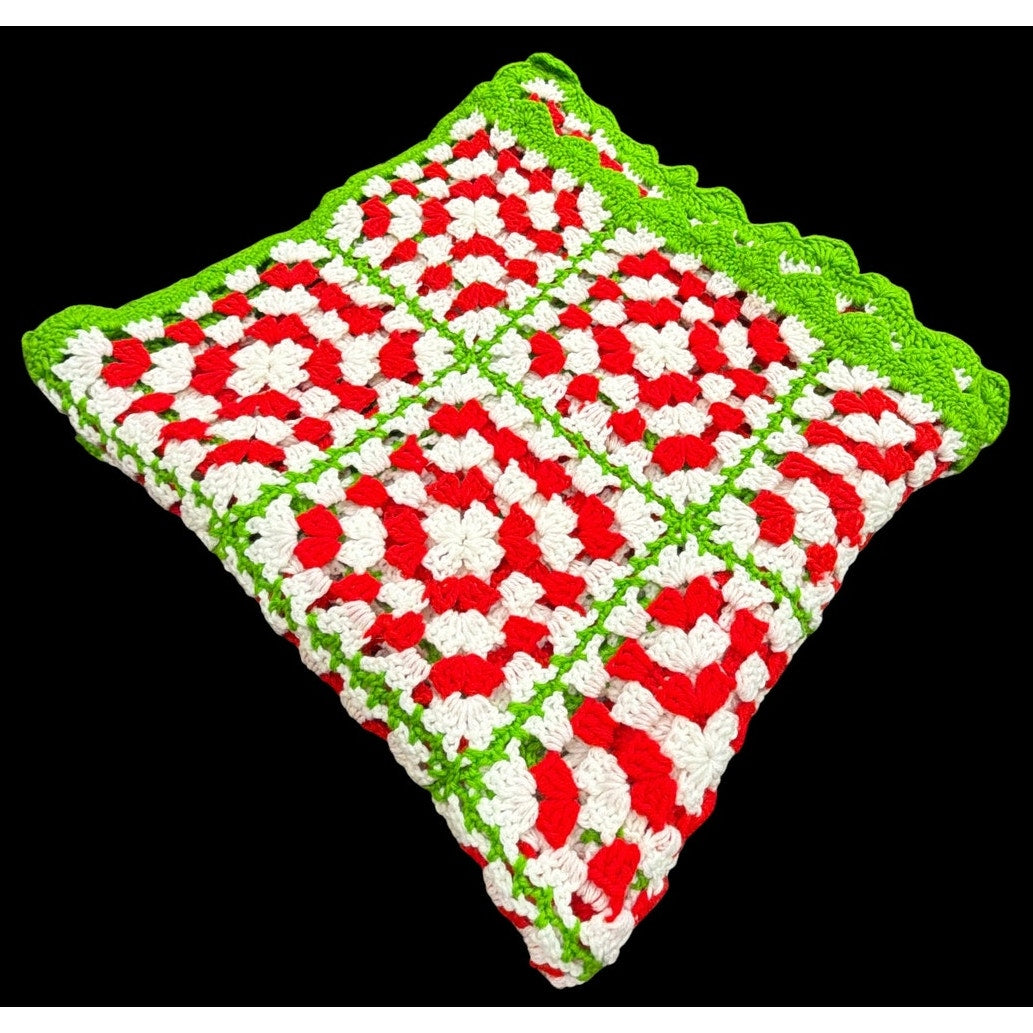 Christmas Crochet Afghan Red White Lime Green Granny Square Bed Throw 74 x 40