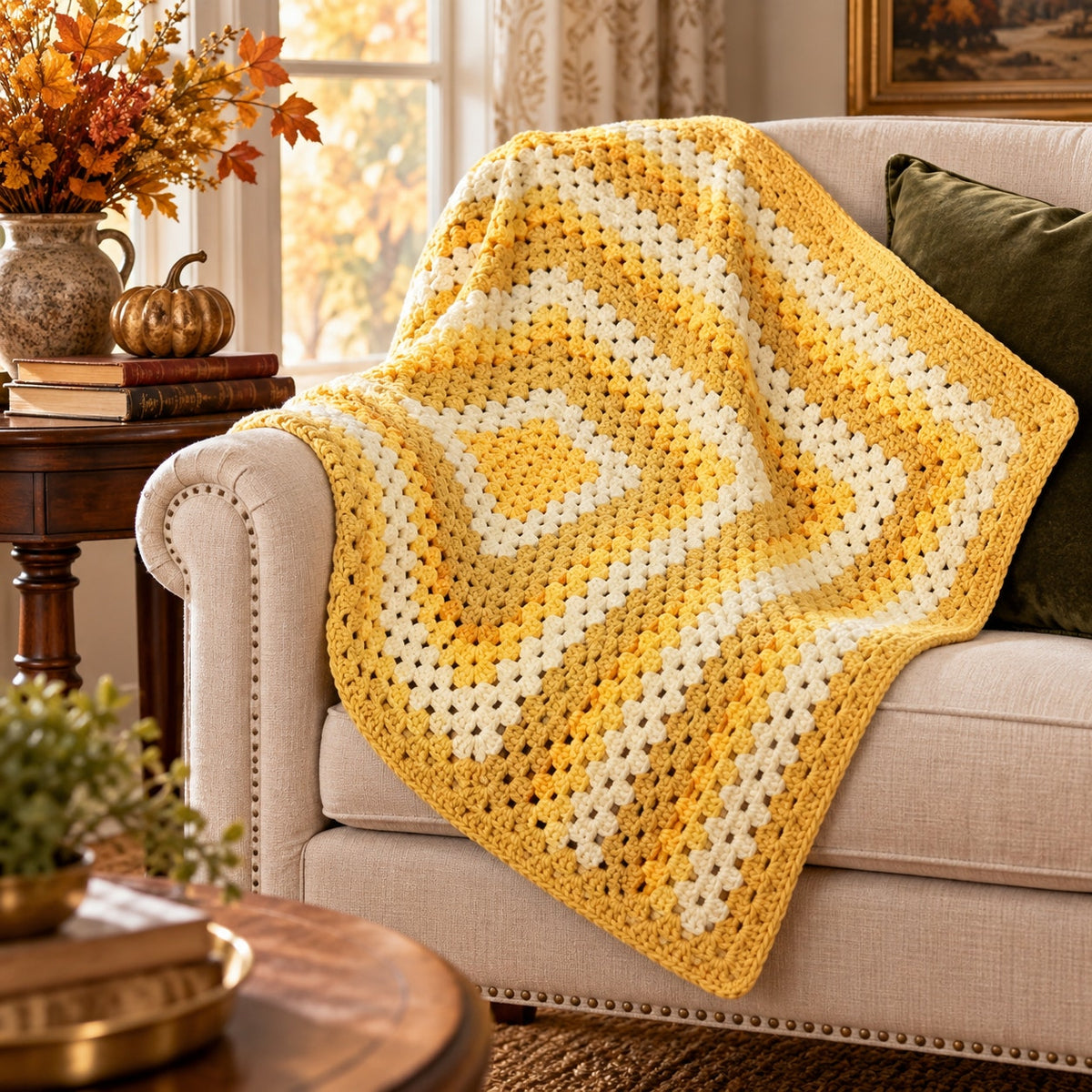 Handmade mustard yellow and cream crochet lap afghan, 40 inches square