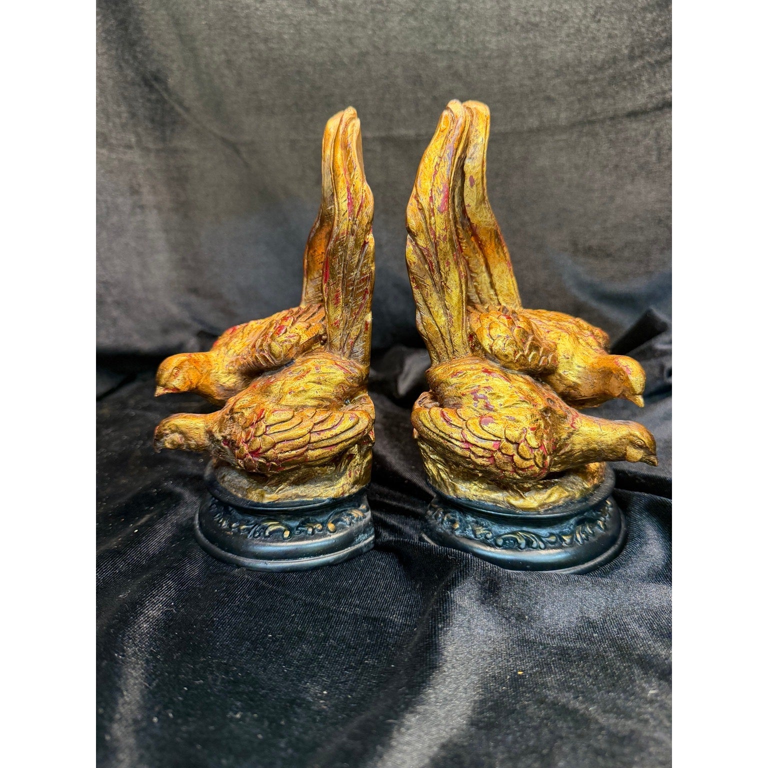 Vintage Gold Quail Bird Bookends Pair Resin Faux Gilt Library Office Decor
