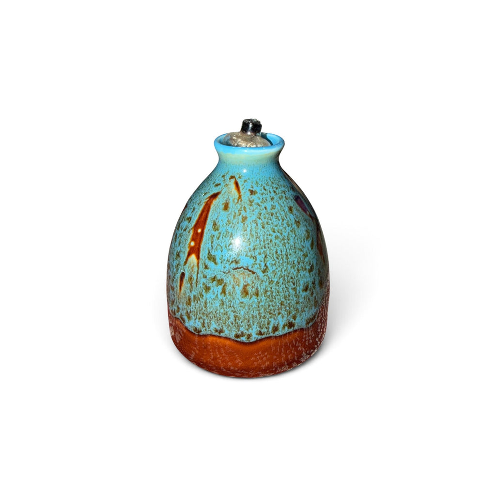 Vintage Studio Pottery Oil Lamp Turquoise Reactive Glaze MCM 4"