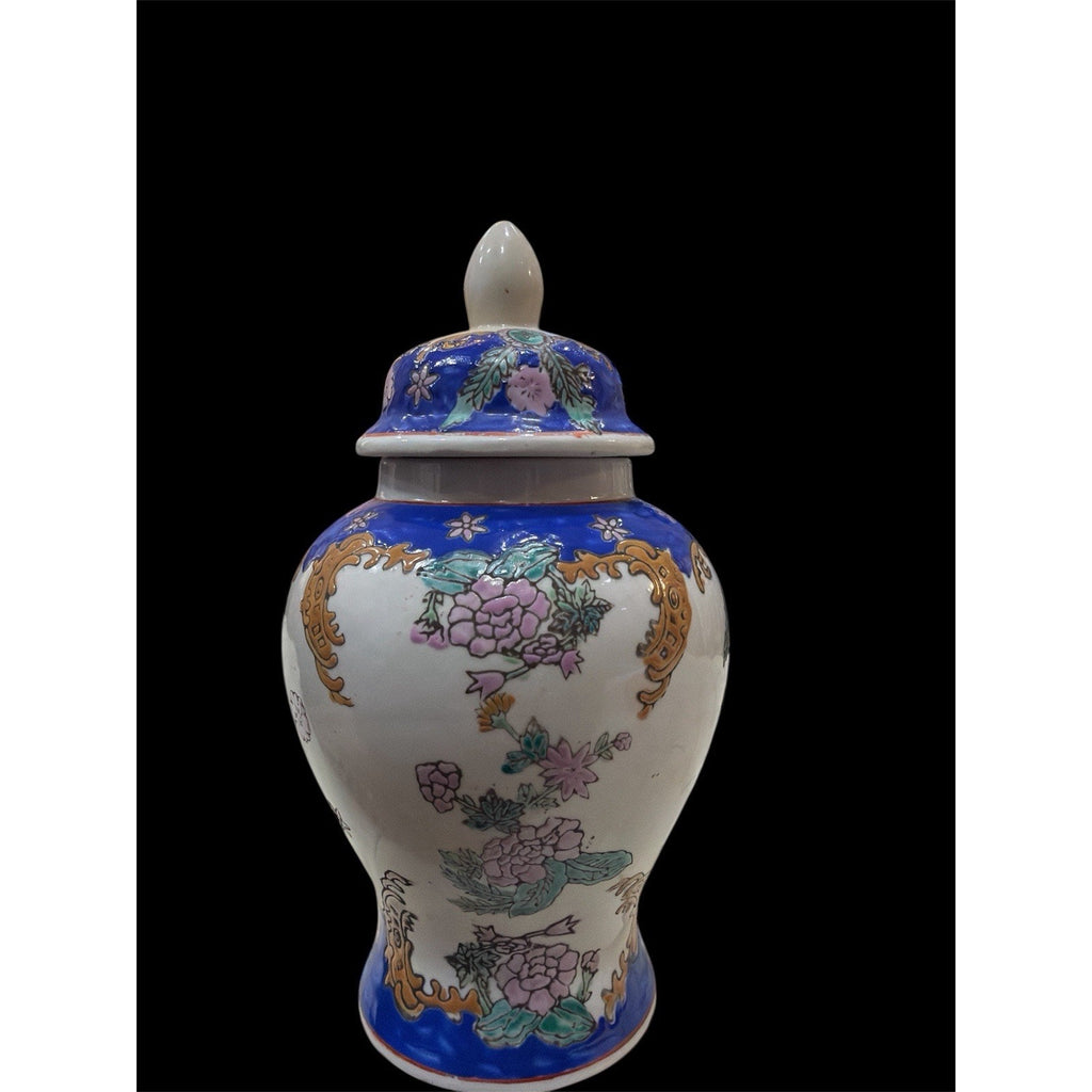 Chinoiserie Ginger Jar with Lid, Blue & White Floral Ceramic Vase, Hollywood Regency Decor, Grandmillennial Shelf Decor