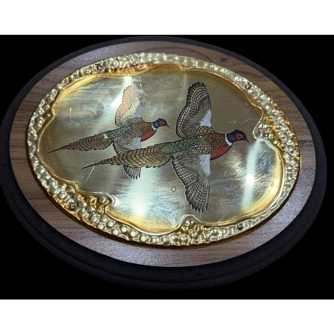 Vintage Pheasant Wall Plaques Pair Brass Overlay Wood Sporting Decor