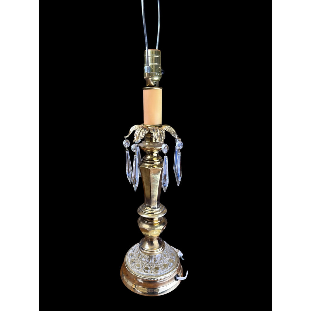 Vintage Hollywood Regency Brass & Crystal Prism Buffet Table Lamp