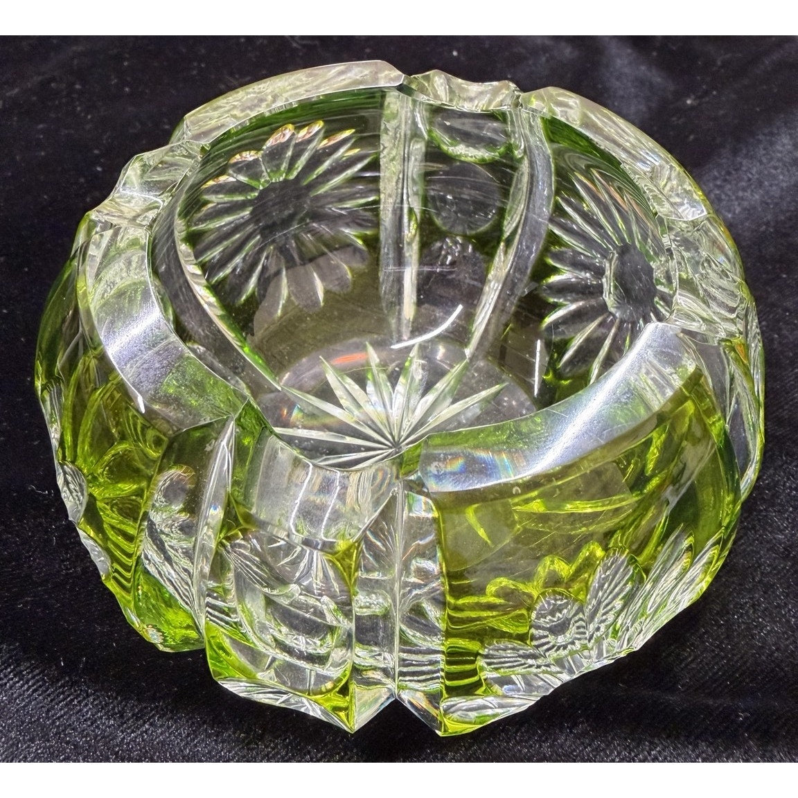 Vintage Peridot Green Cut Crystal Rose Bowl Cut to Clear Floral 4 Inch