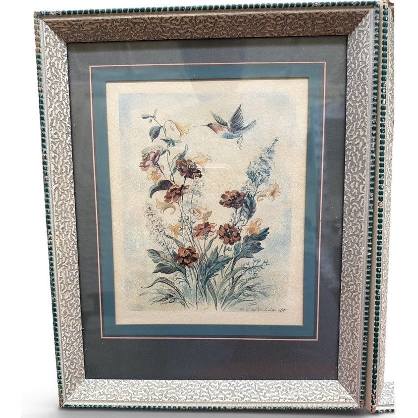 Vintage Hummingbird Wall Art Pair Framed Floral Botanical Prints Cottage Decor