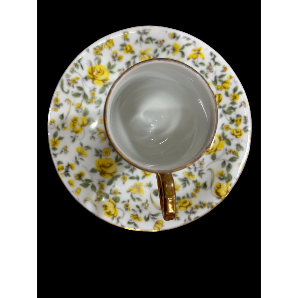 Vintage Inarco Japan Demitasse Cup Saucer Yellow Rose Chintz Gold 1960s