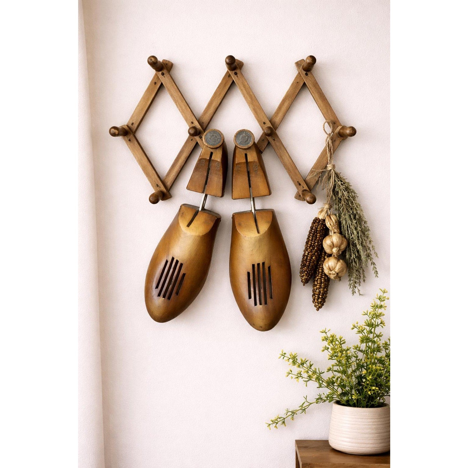 Primitive Wood Wall Rack Shoe Forms Farmhouse Decor Expandable Hanger Vintage