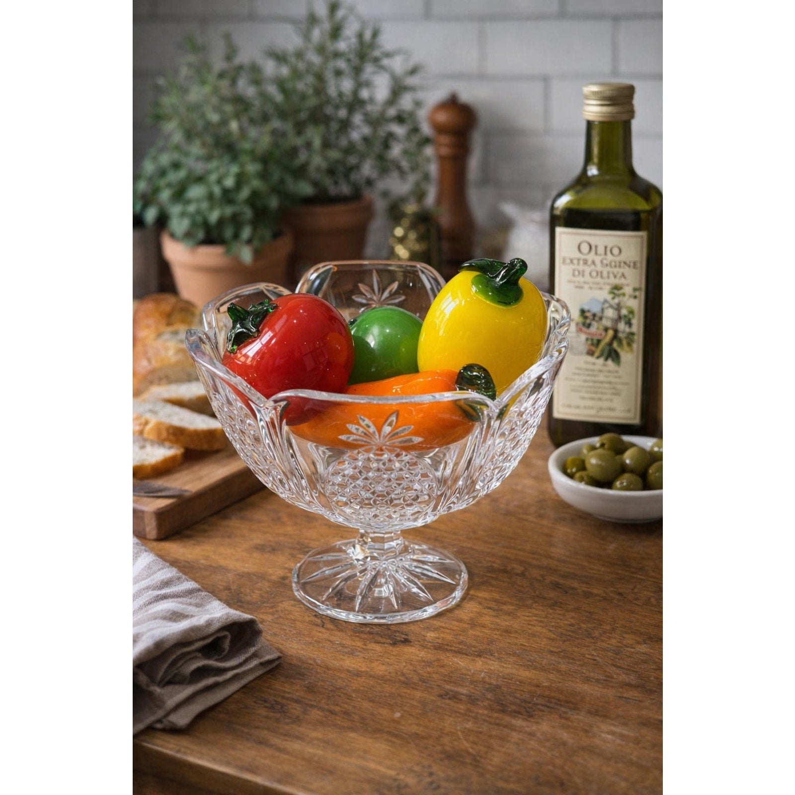 Vintage Pressed Glass Pedestal Fruit Bowl Set, Italian Tuscan Kitchen Decor