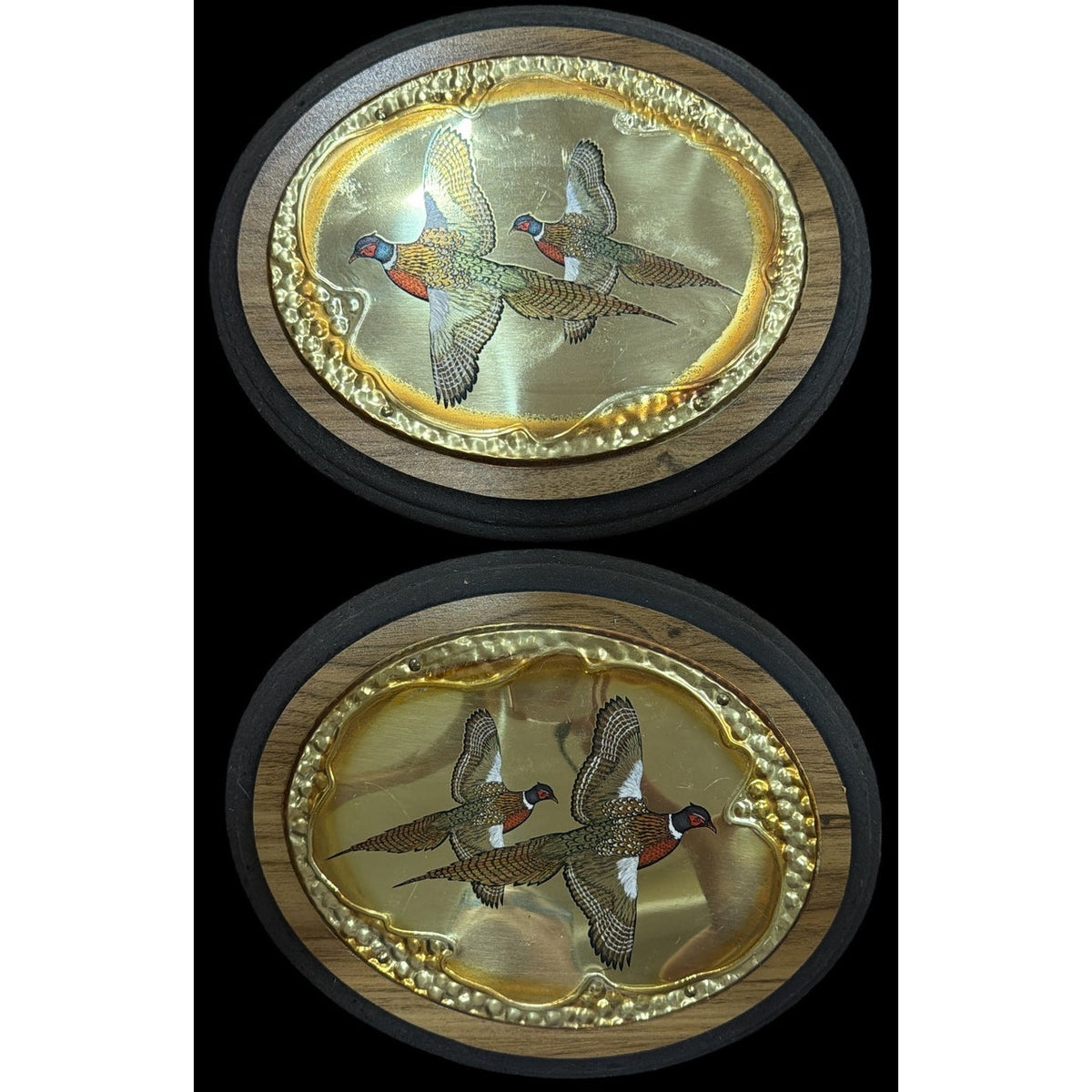 Vintage Pheasant Wall Plaques Pair Brass Overlay Wood Sporting Decor