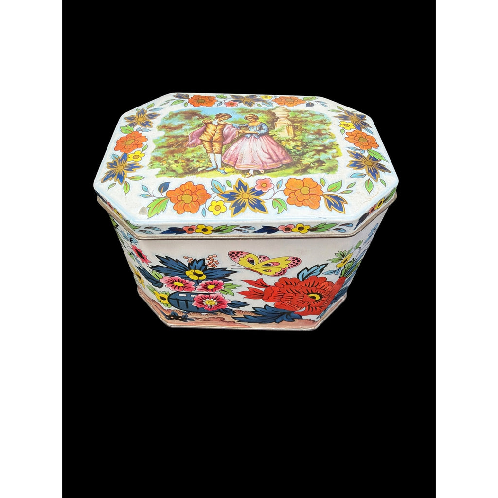 Vintage Daher Floral Tin Box England Courting Couple Butterfly Octagonal – main view