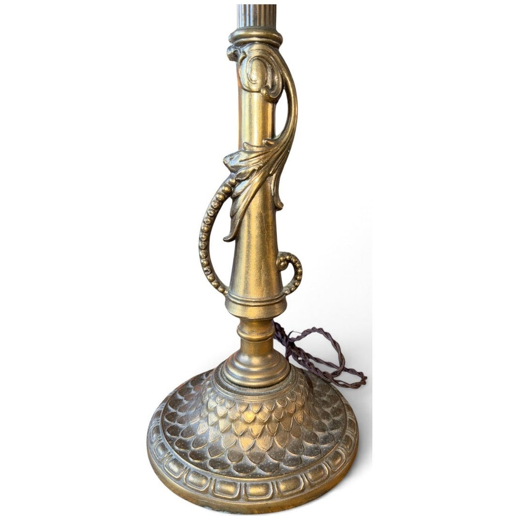 Pair of Vintage Ornate Metal Table Lamps Bronze Brass Patina Silk Shades 30"