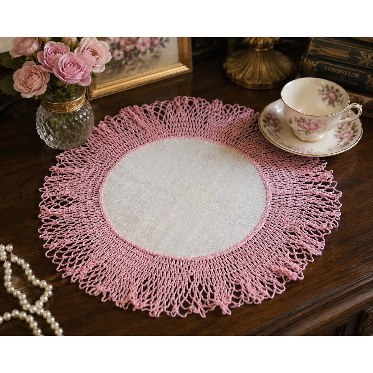 Vintage 1940s Pink Crochet Doily White Fabric Center Handmade 13 Inch – main view