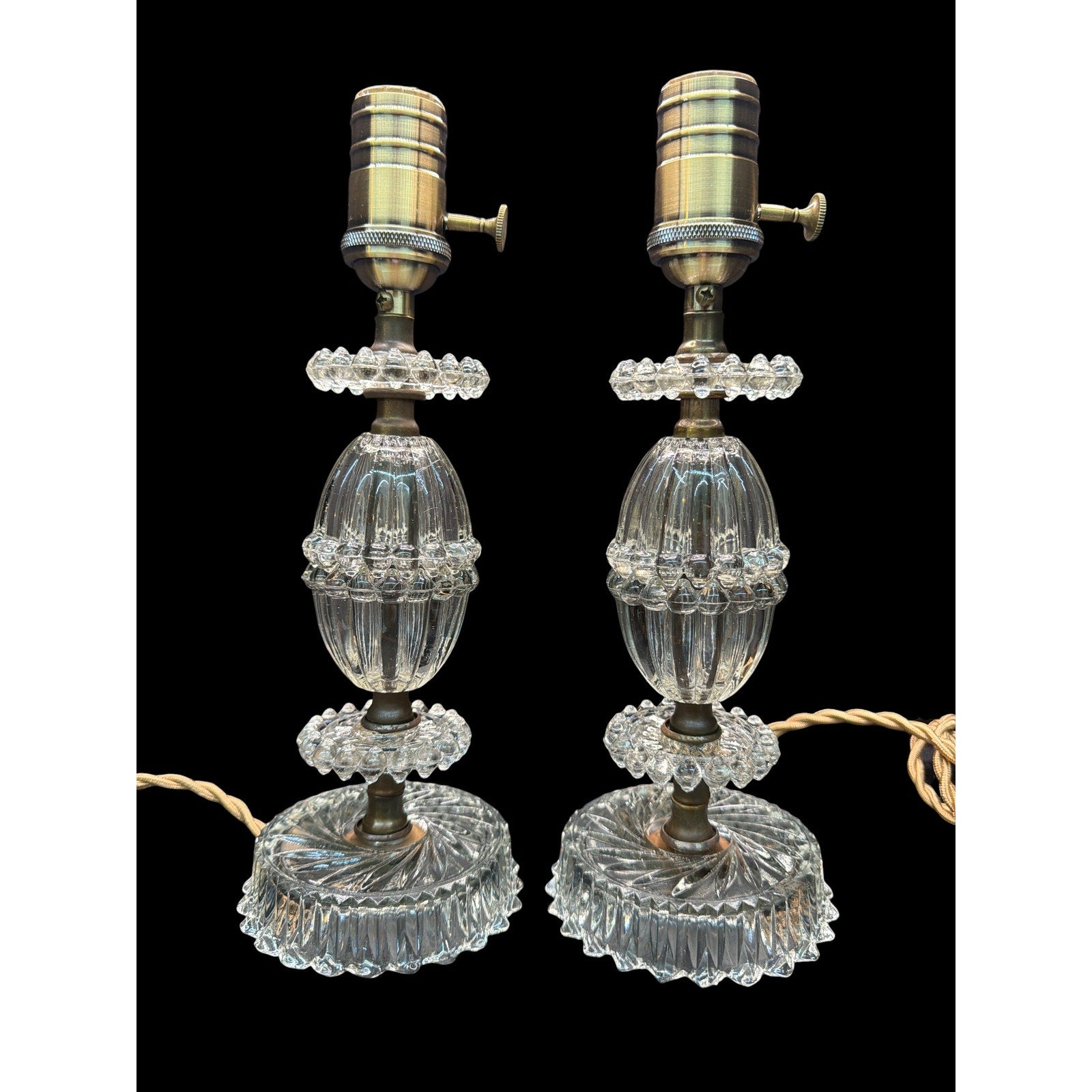 Pair Vintage Pressed Glass Boudoir Lamps Professionally Rewired 1940s