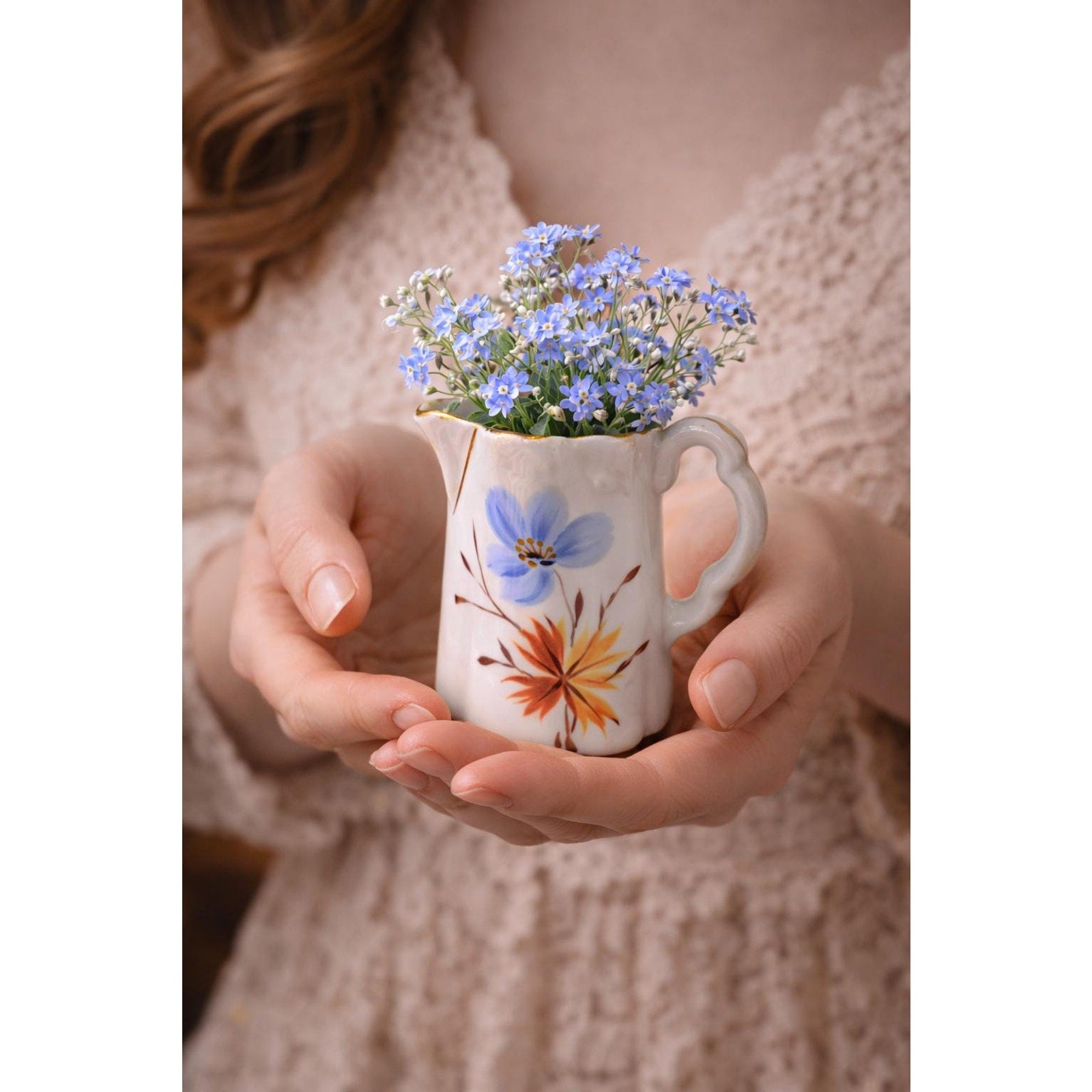 Vintage Mini Porcelain Creamer Bud Vase Blue Floral Gold Trim Tiny Vase