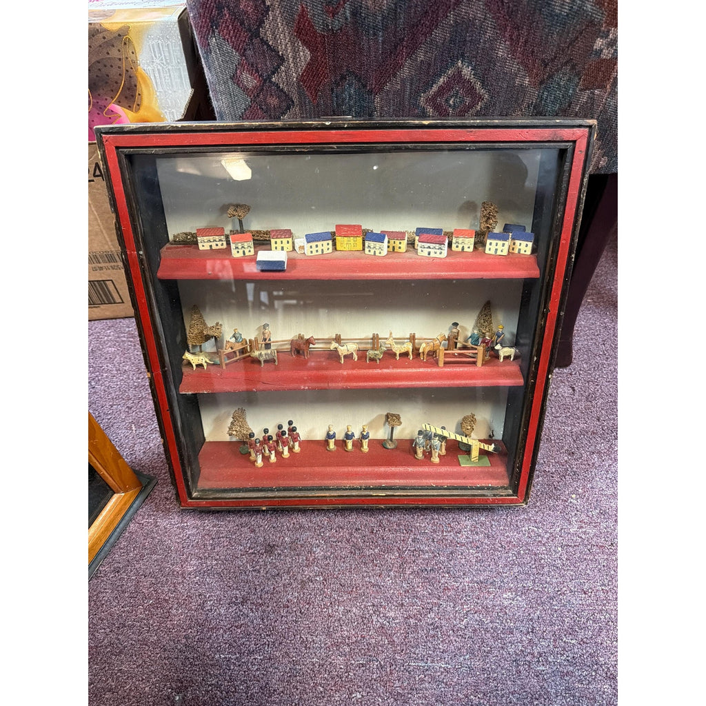 Antique Alpine Folk Art Diorama Shadow Box Miniature Village 15” Wall Cabinet