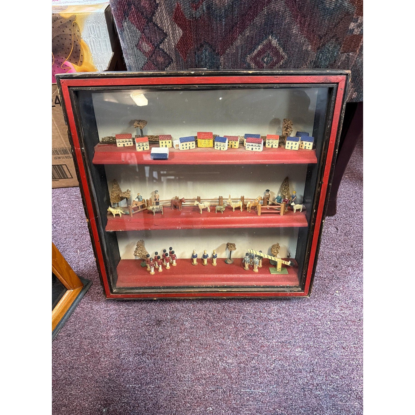 Antique Alpine Folk Art Diorama Shadow Box Miniature Village 15” Wall Cabinet