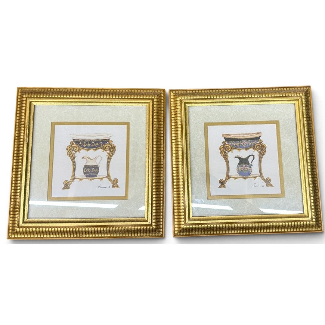 Vintage Maurboa Pitcher Washstand Prints Pair Ornate Gilt Frames 11.5"