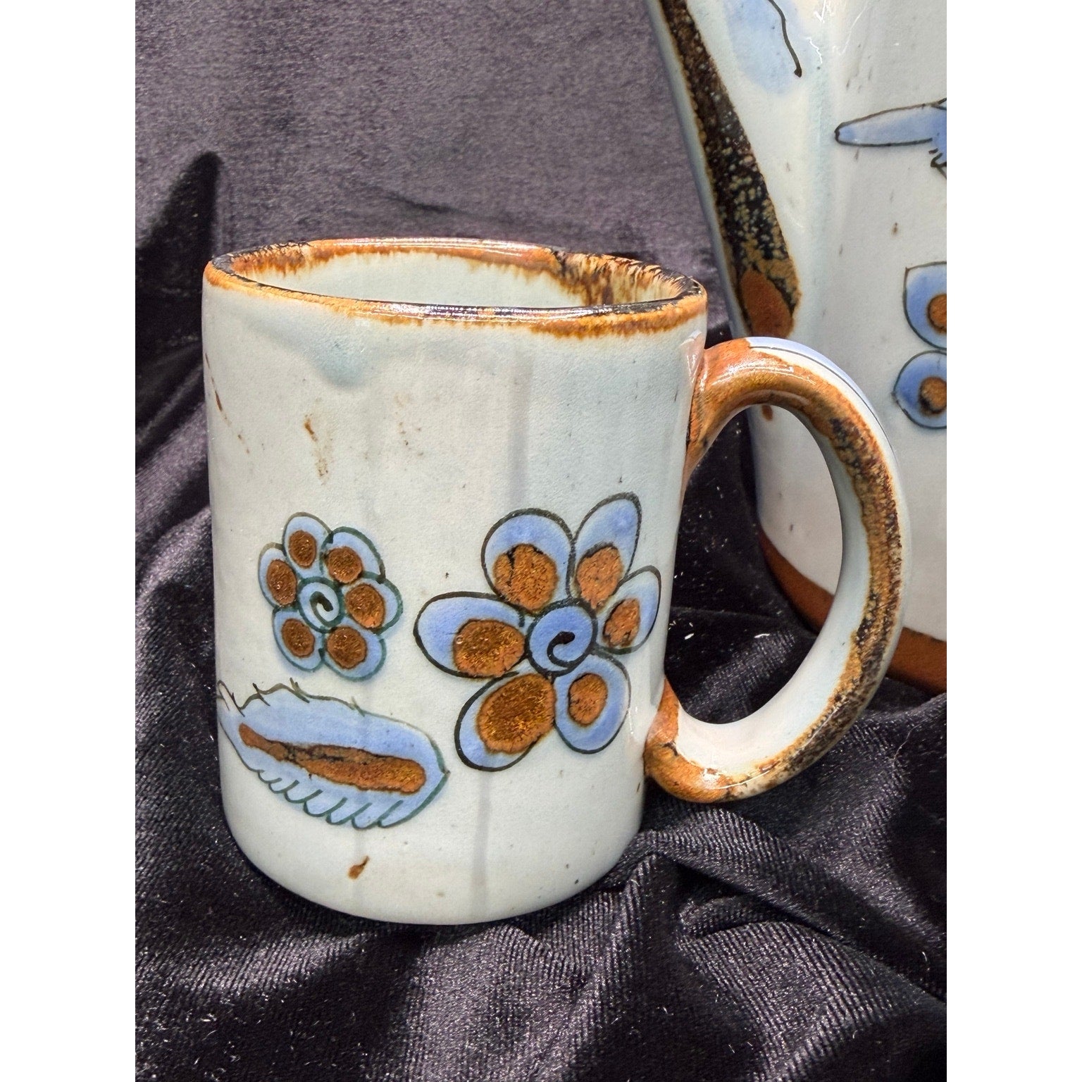 Vintage Del Palomar Mexico Coffee Pot & 3 Mug Set Blue Bird Stoneware