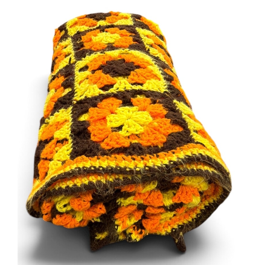 Vintage 1970s Granny Square Afghan Orange Brown Yellow Crochet 72 x 52